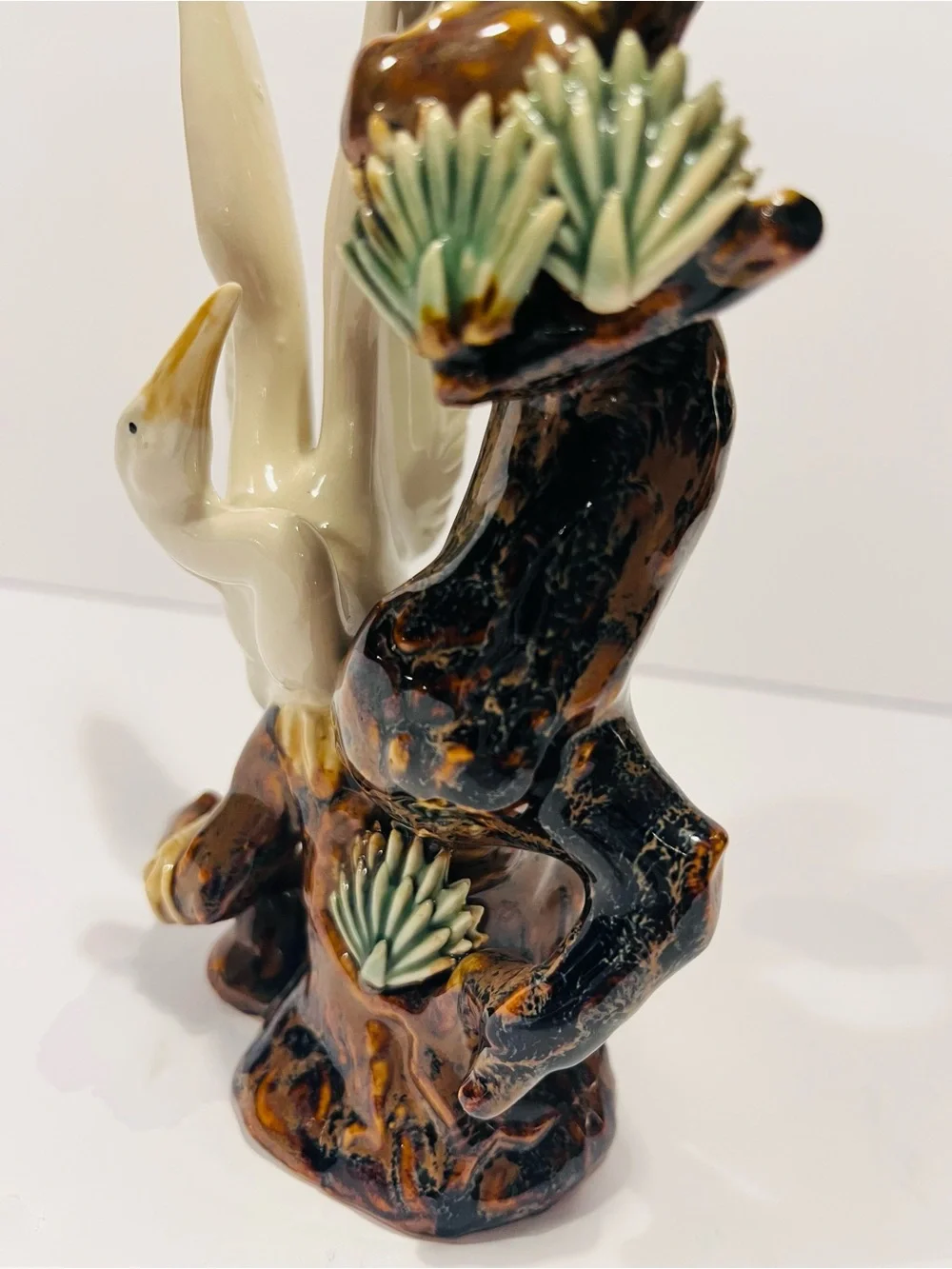 Antique Chinese Glazed Porcelain Figurine With 2 Cranes on Tree 9.25”